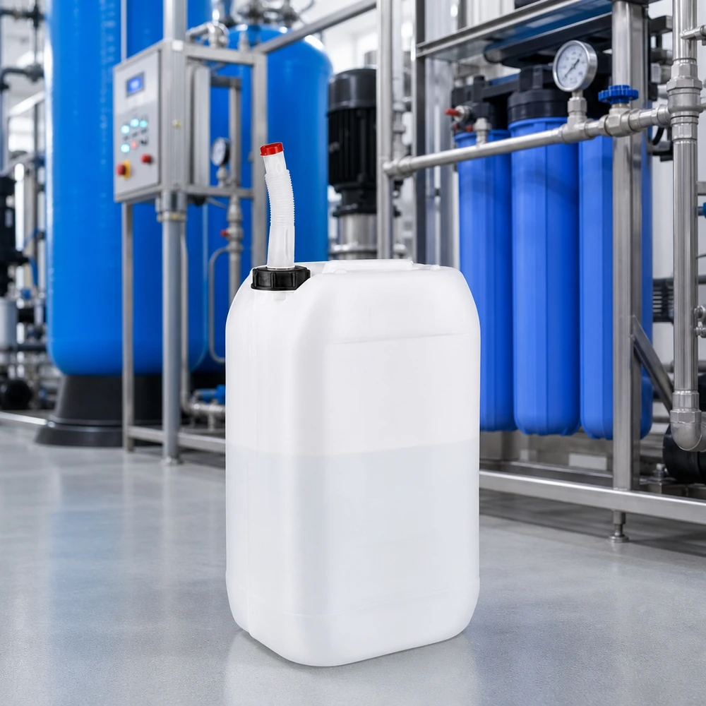 Bidón 15 litros con tubo de salida flexible Bidón de 15 litros apto para uso alimentario con pico vertedor flexible, situado delante de la instalación de tratamiento de agua