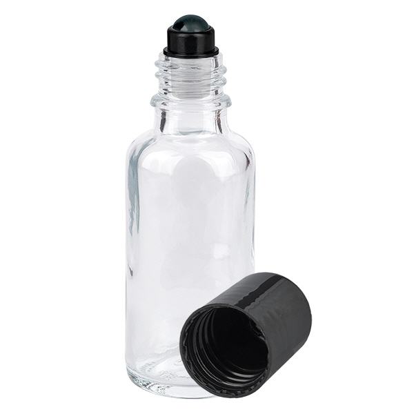 Botella de farmacia transparente 30ml tapón roll-on negro Botella de farmacia transparente 30ml tapón roll-on negro