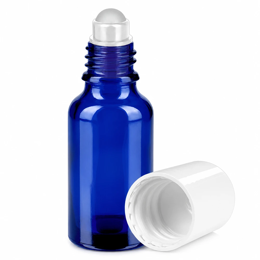 Frasco de vidrio azul de 20 ml con aplicador roll-on y tapón de rosca blanco extraíble