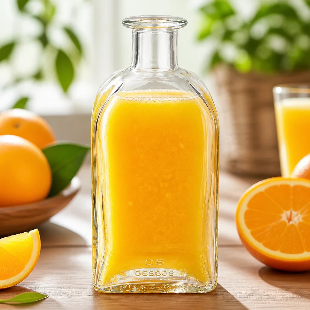 Botella de farmacia «Julia» de 500 ml sin tapón UNiTWIST® Botella de cristal Julia de 500 ml llena de zumo de naranja rodeada de naranjas frescas y rodajas de naranja sobre una mesa de madera