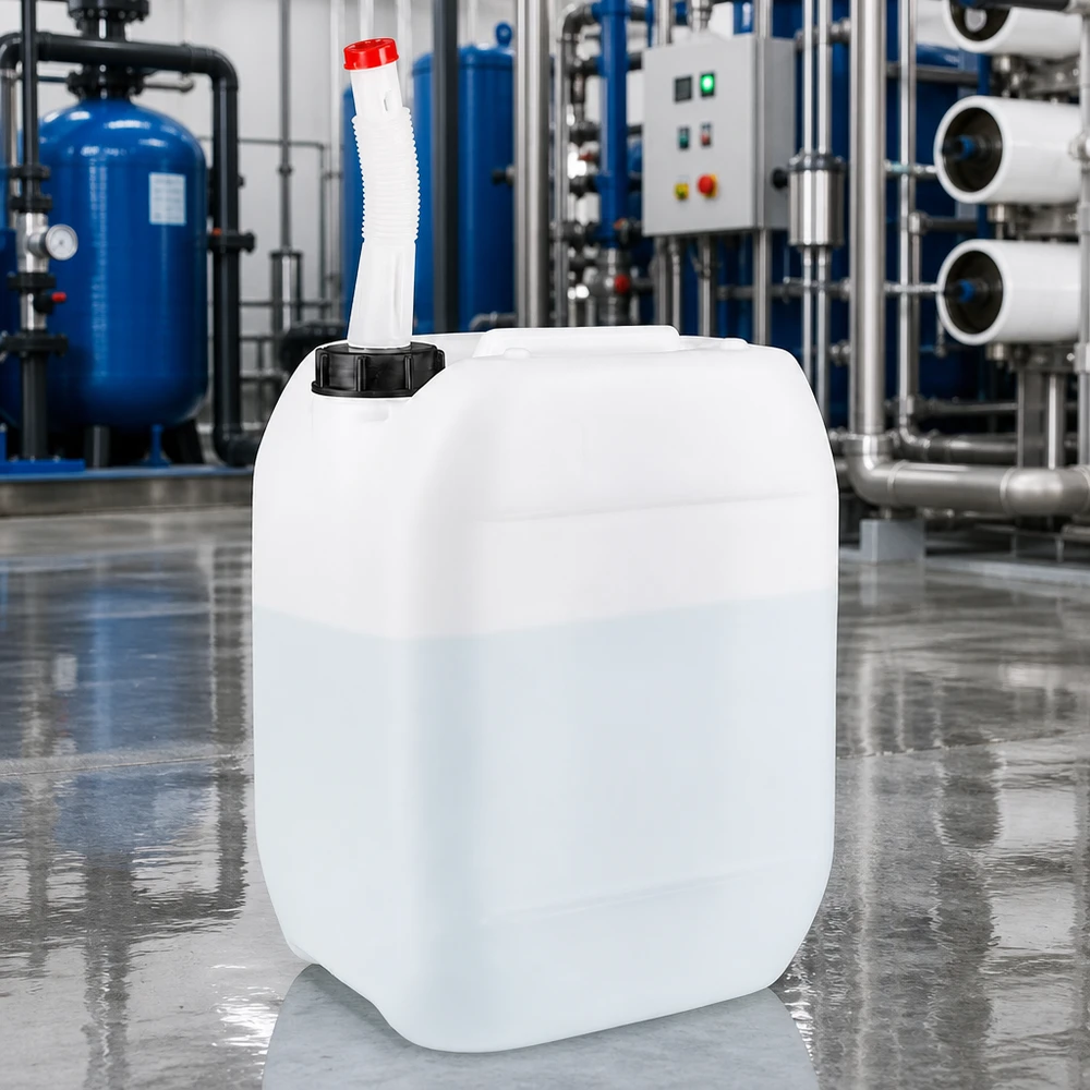Bidón industrial resistente de 10 litros con tubo de salida flexible en una moderna planta de tratamiento de aguas