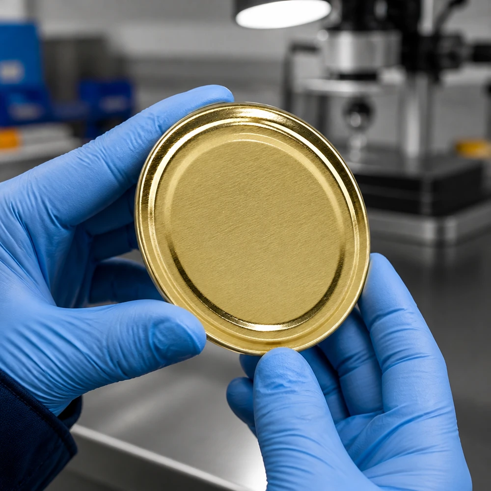Tapa BasicSeal de 58 mm, color dorado, TO58 UniTwist. Primer plano con un guante de laboratorio azul.