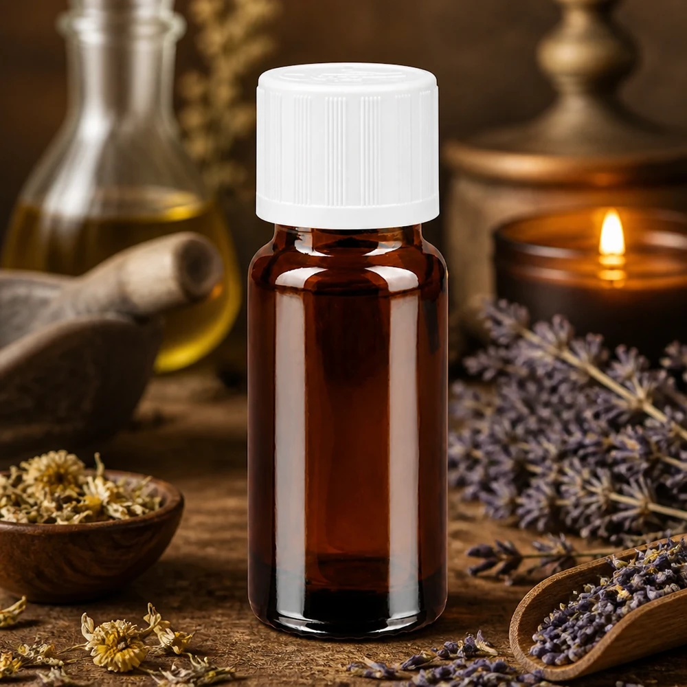 Botella de farmacia marrón 10ml tapón de rosca blanco a prueba de niños estándar Frasco cuentagotas marrón de 10 ml, de cristal de farmacia, con tapón de seguridad para niños de color blanco sobre fondo de madera