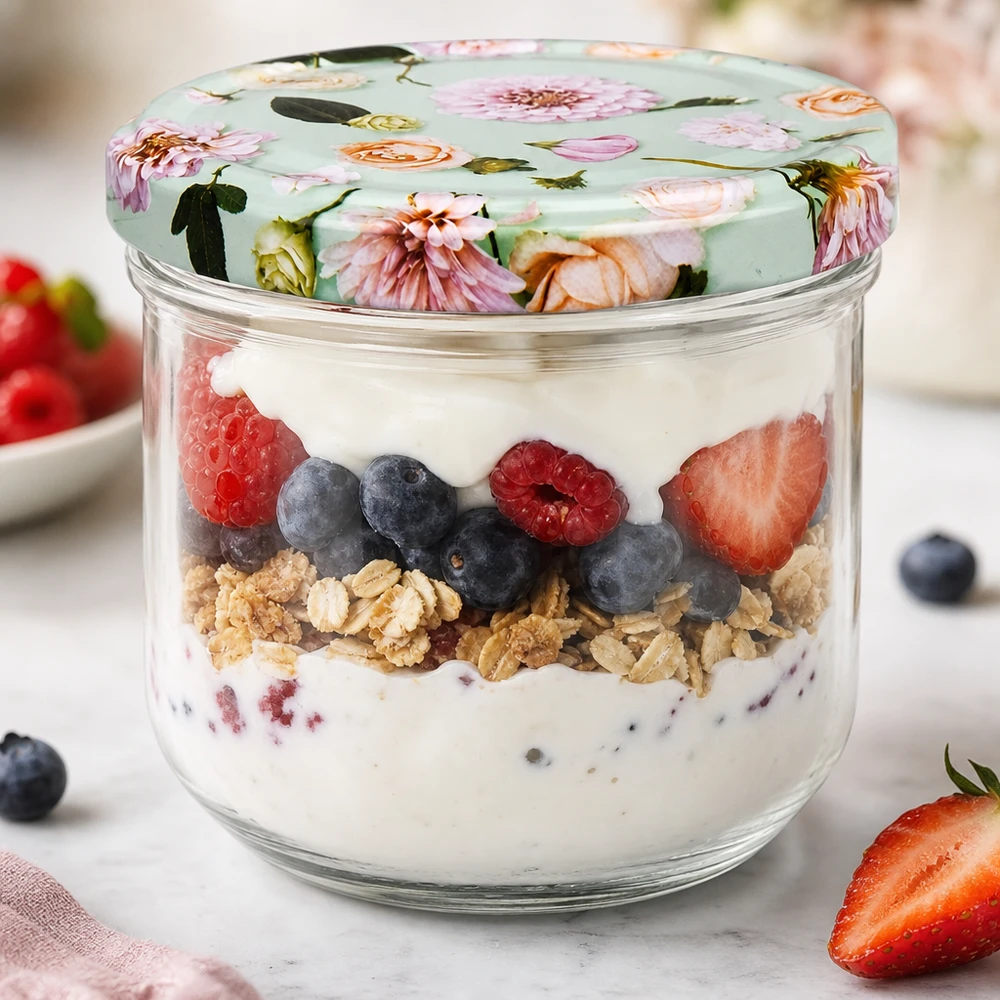 Vasos de 260 ml con tapa de flor rellenos de parfait de yogur y bayas como ejemplo de postre