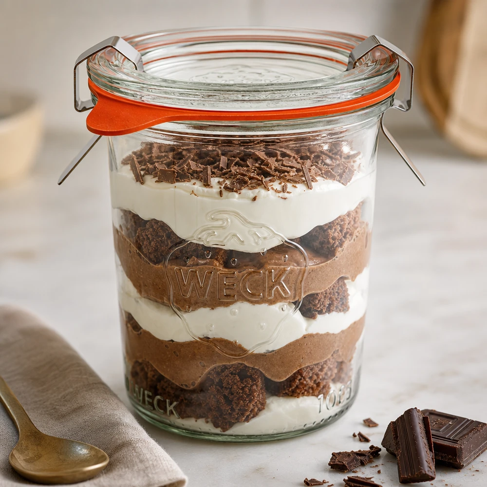 Vaso de 160ml completo WECK RR60 Los vasos RR60 de 160 ml de WECK rellenos de postre Tiramisú en capas demuestran su versátil uso como tarro de postre