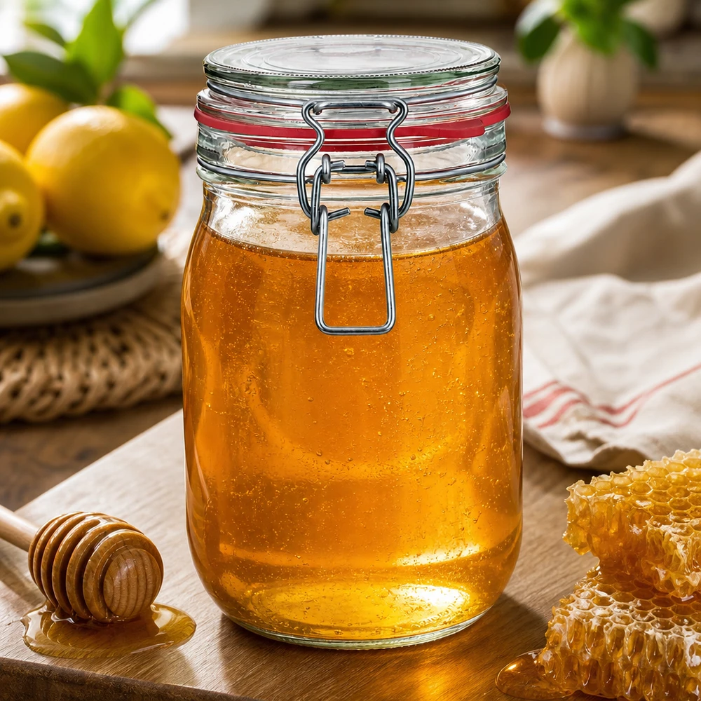 Tarro de 1140 ml con tapa abatible de vidrio de alta calidad para miel y mermelada