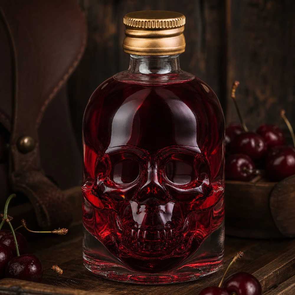 Botella de cristal de 50 ml Diseño de calavera Hector con contenido rojo cereza rodeado de cerezas frescas sobre madera rústica
