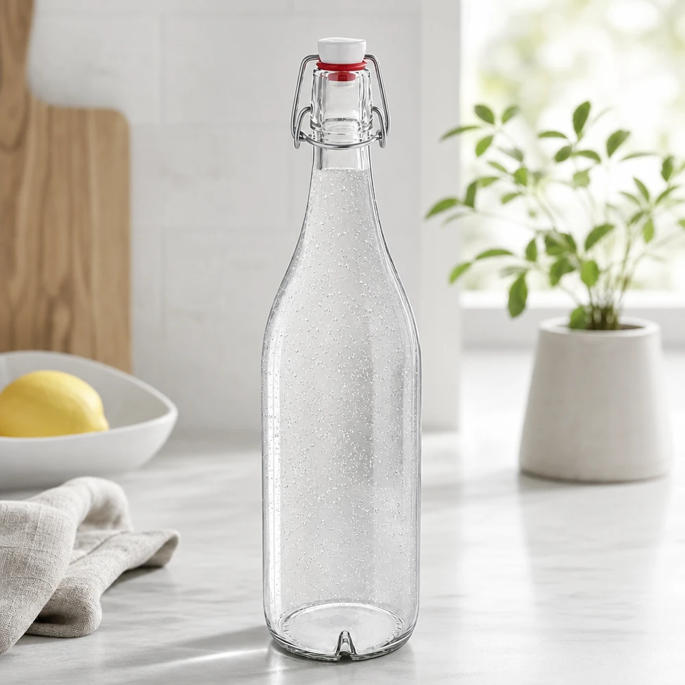 Botella de cristal de 1000 ml con tapón giratorio de PVC UNiTWIST llena de agua con gas en la cocina moderna Estilo de vida