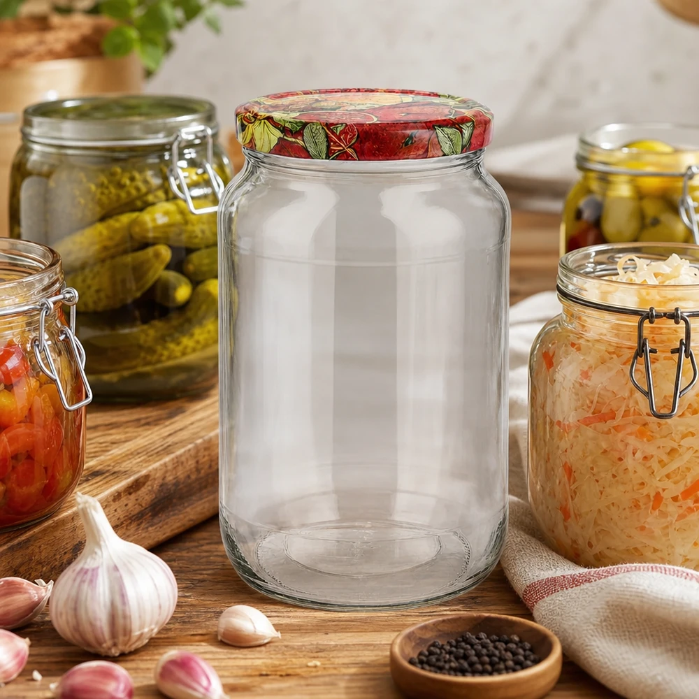 1062ml tarro redondo vacío escenario de cocina tapa BasicSeal decoración de frutas rodeado de tarros de conserva ajo pimienta tabla de madera