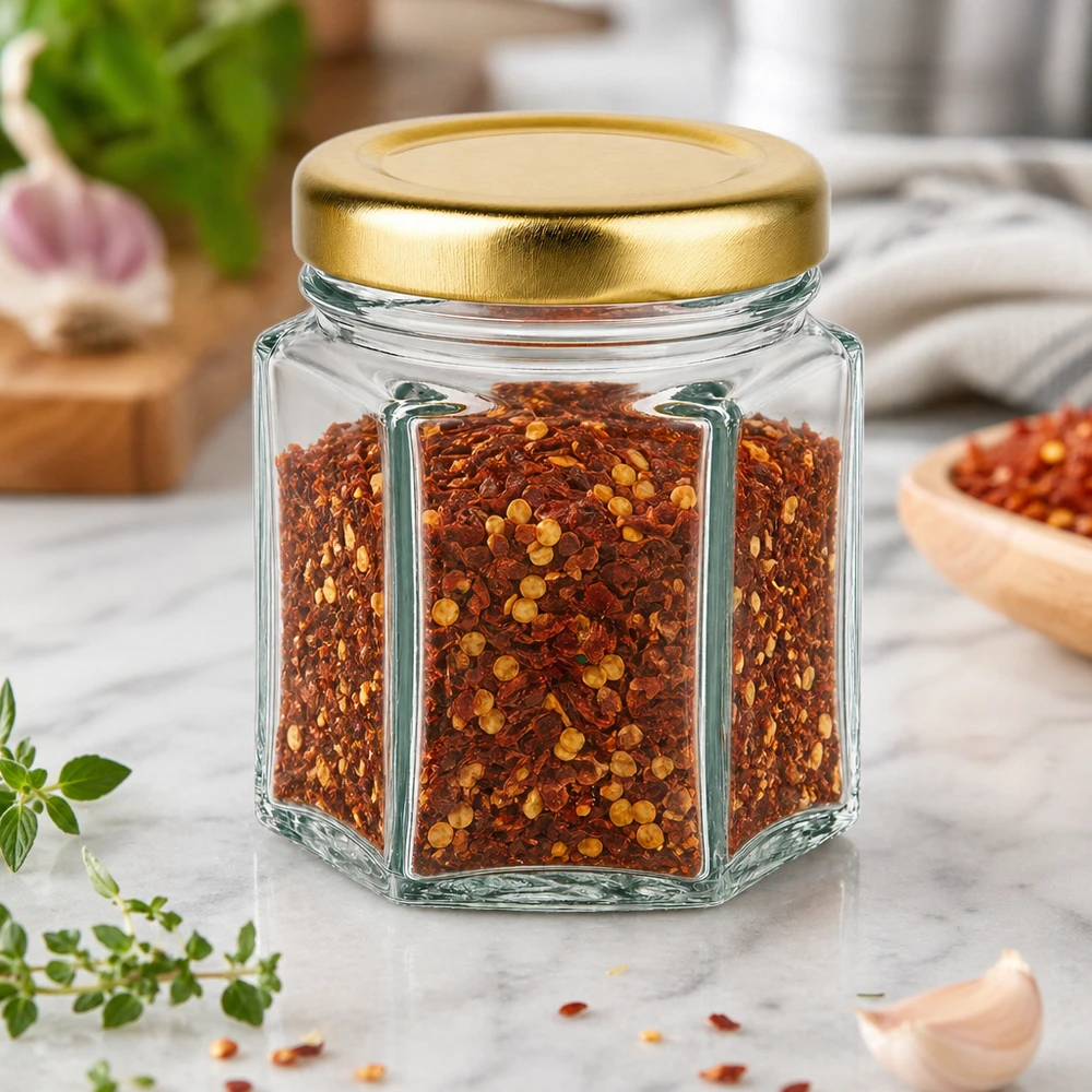Tarro para miel de 60 g con tapa dorada BasicSeal UNiTWIST Tarro de miel de 60 g hexagonal relleno de copos de guindilla sobre mesa de mármol con hierbas y tapa dorada BasicSeal