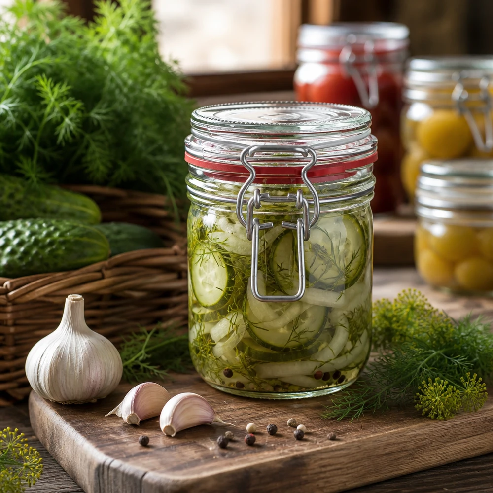 Tarro de conserva de 400 ml con tapa abatible ideal para conservar pepinillos y verduras