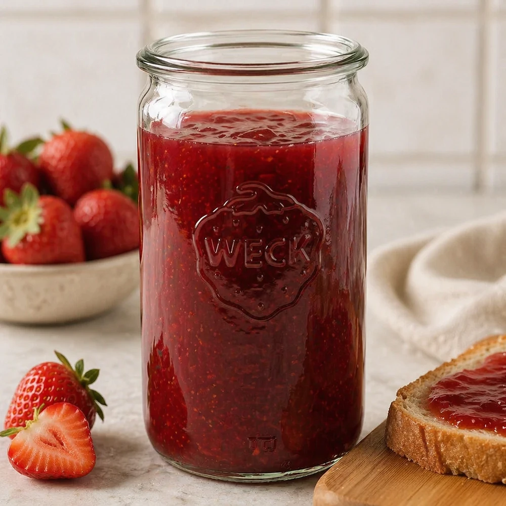 Frasco cilíndrico de cristal WECK RR60 de 340 ml El tarro cilíndrico RR60 de 340 ml de WECK lleno de mermelada de fresa muestra su uso práctico como tarro de conserva en la cocina