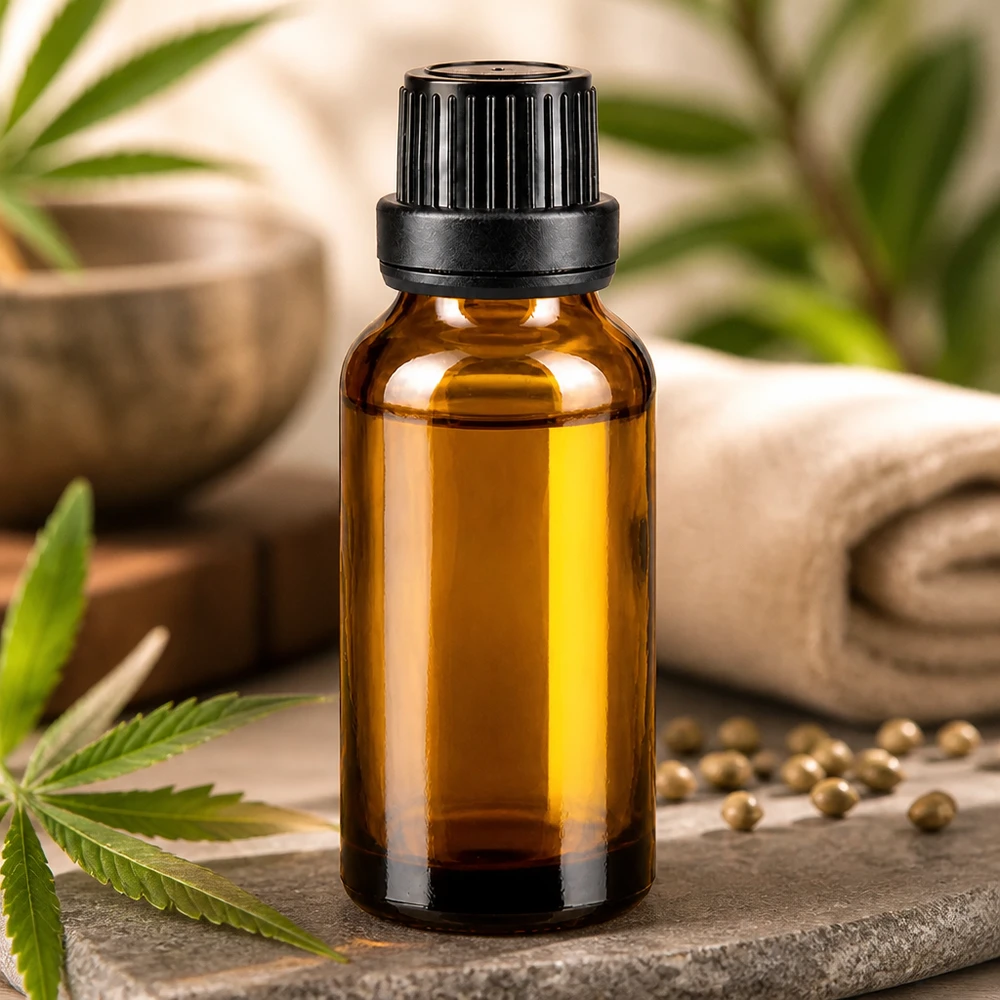 Frasco de cristal de 20 ml de color ámbar con tapón cuentagotas negro, junto a una hoja de cannabis y semillas de cáñamo