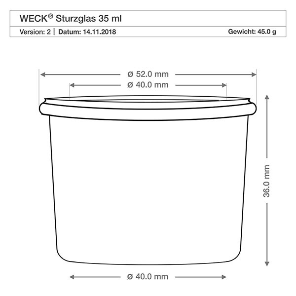 WECK vasos RR40 35ml dibujo técnico con dimensiones Diámetro 40mm Altura 36mm Peso 45g Especificación