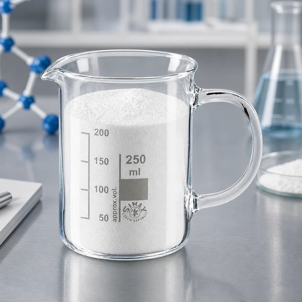 Vaso de precipitados de 250 ml de vidrio borosilicato con asa, lleno de polvo blanco en el laboratorio