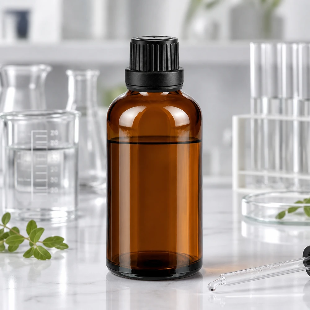 Frasco de farmacia de 50 ml de vidrio ámbar con tapón original negro, en un laboratorio sobre mármol