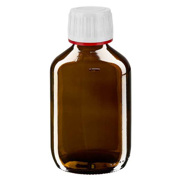 Frasco medicamento 200ml marrón, tapón blanco con precinto rojo ApoGlas Frasco medicamento 200ml marrón, tapón blanco con precinto rojo ApoGlas