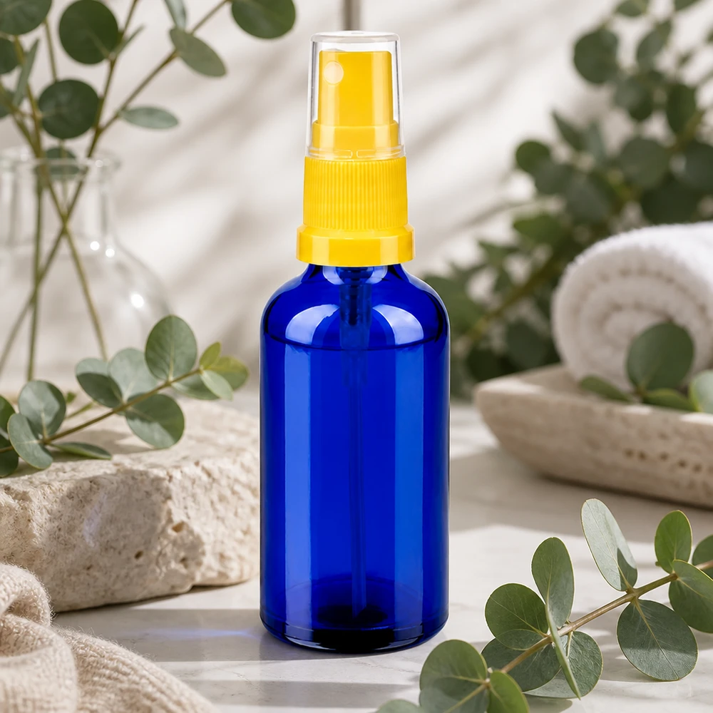 Frasco pulverizador de cristal de 50 ml de alta calidad en azul cobalto brillante con accesorio pulverizador amarillo ergonómico