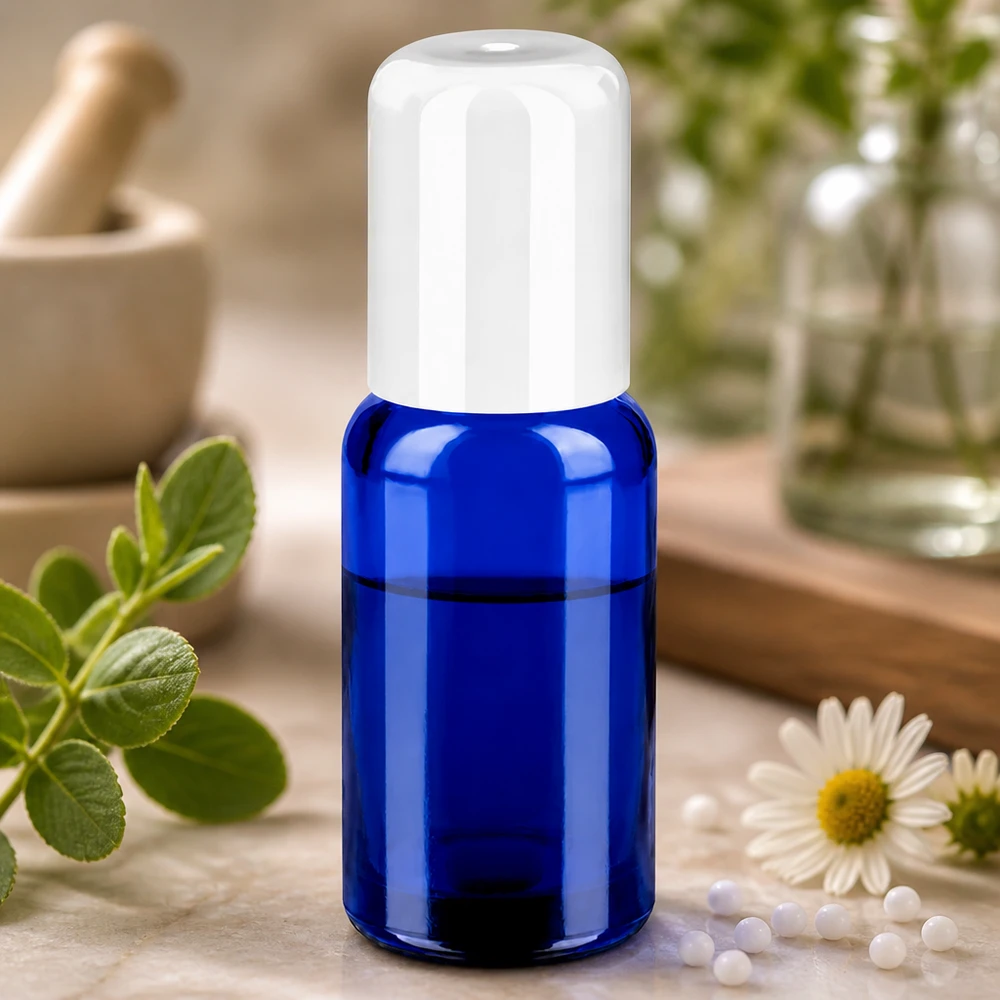 Frasco roll-on de 20 ml de vidrio resistente con práctico tapón blanco para uso móvil