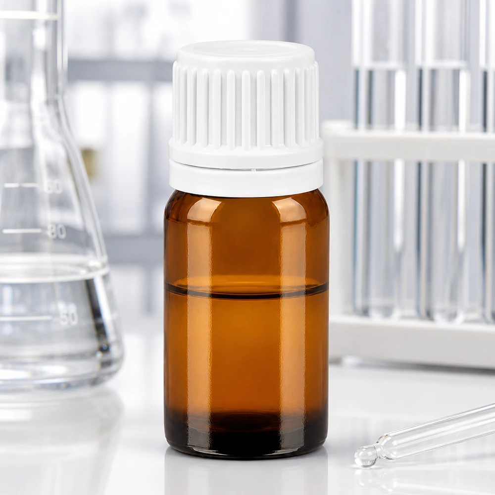 Frasco de laboratorio de 5 ml de vidrio ámbar con protección UV y tapón de rosca blanco para farmacia