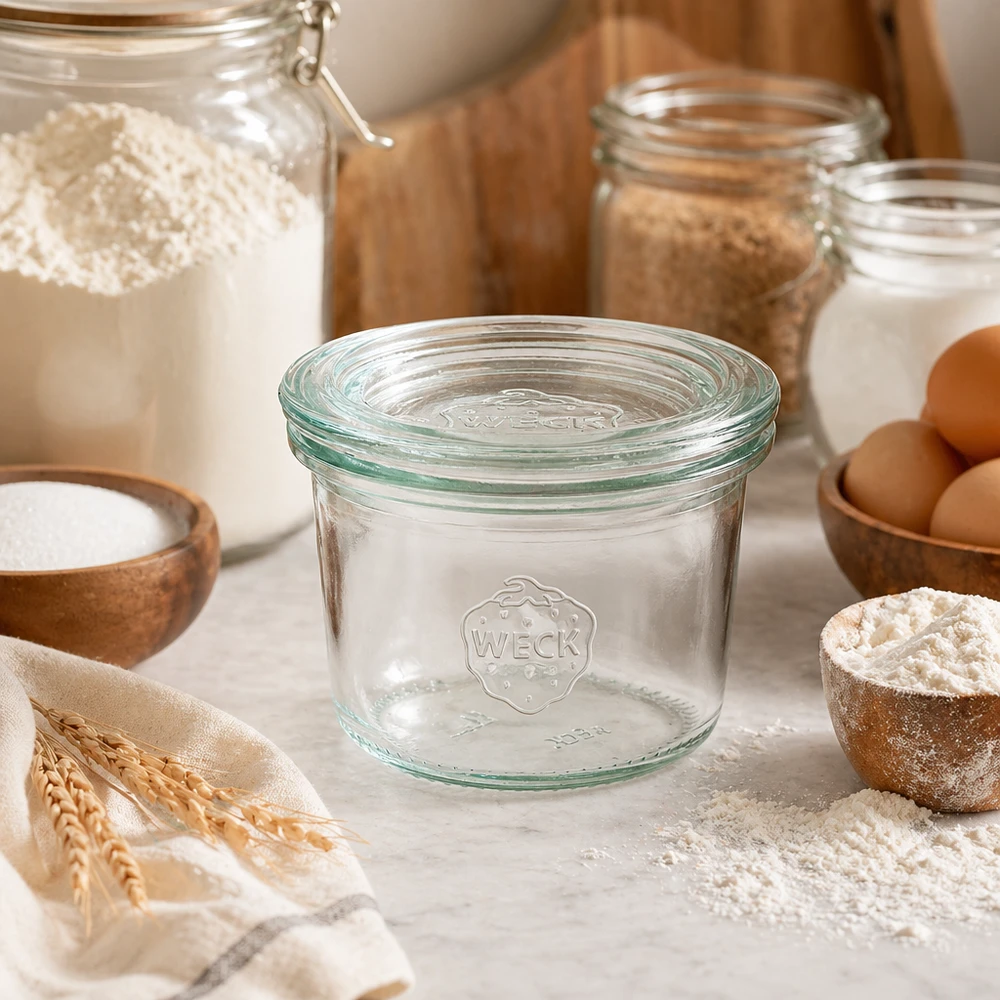 Tarro de cristal de 80 ml con tapa de cristal WECK RR60 WECK vasos 80ml RR60 en cocina con ingredientes de panadería harina huevos y cereales para almacenar y conservar