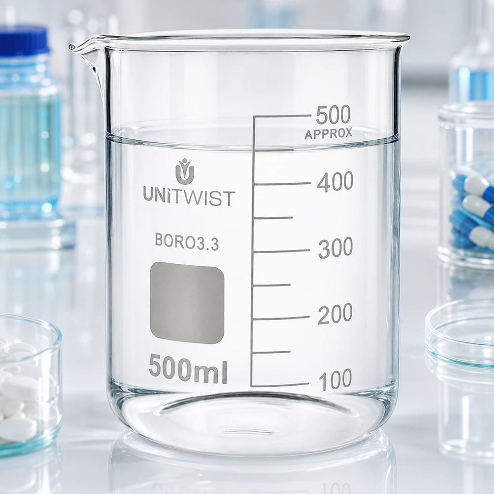 Vaso de precipitados UNiTWIST de 500 ml, de borosilicato, de perfil bajo y con escala transparente, para uso en laboratorio