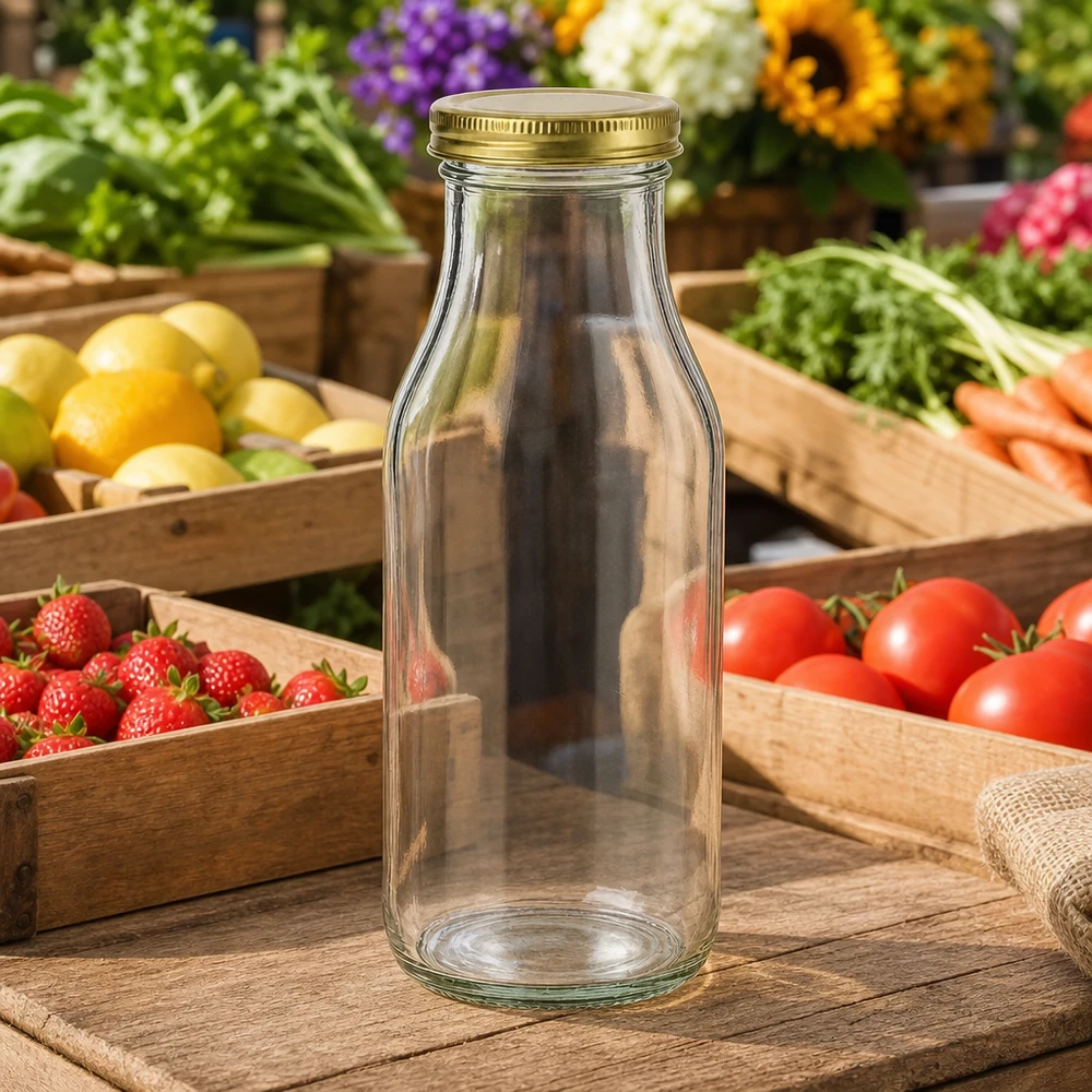 Botella UNiTWIST263 botella de vidrio vacía con tapa dorada TO43 BioSeal sobre mesa de madera entre frutas y verduras frescas