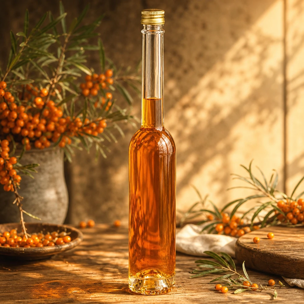 Botella de vidrio de 100 ml «Toni» y tapón de rosca plateado UNiTWIST® Elegante 100ml Glasflasche Toni mit Sanddornöl befüllt - goldener Verschluss, edle Optik für Küche und Geschenke