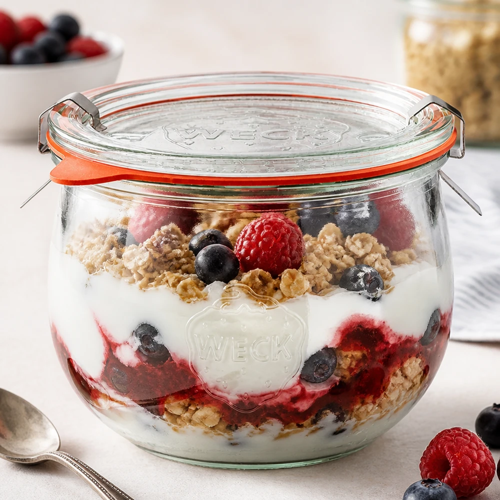 Tarro de tulipán de 580 ml completo WECK RR100 WECK tarro tulipán 580ml RR100 como tarro parfait con yogur, bayas y granola, perfecto para postres y desayunos