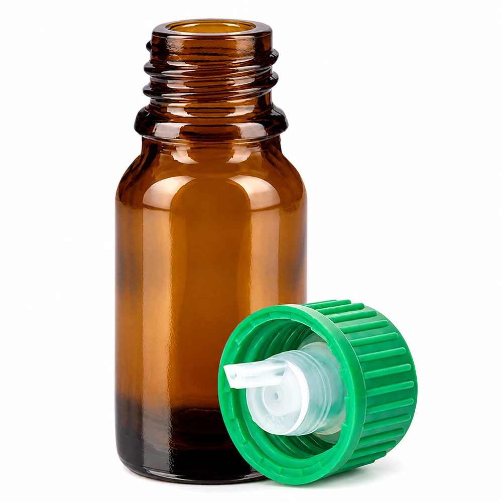Frasco de vidrio marrón de 10 ml con tapón cuentagotas verde para aceites esenciales y tinturas