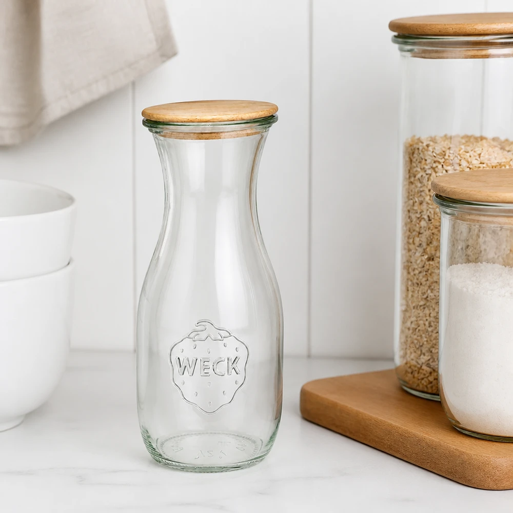 Botella de zumo WECK RR60 de 530ml con tapa de madera Botella de cristal WECK 530ml RR60 vacía con tapa de madera sobre encimera blanca junto a tarros de almacenaje apilados Escandinavo