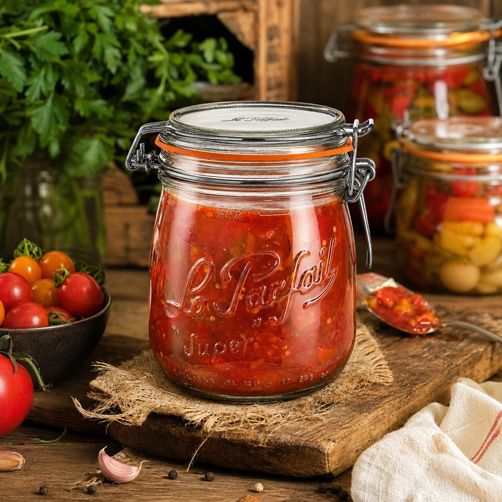 Bote Le Parfait® 750 ml Ø85 mm conserva 750ml Le Parfait Super tarro de almacenamiento con tapa oscilante lleno de salsa de tomate en una mesa de madera rústica