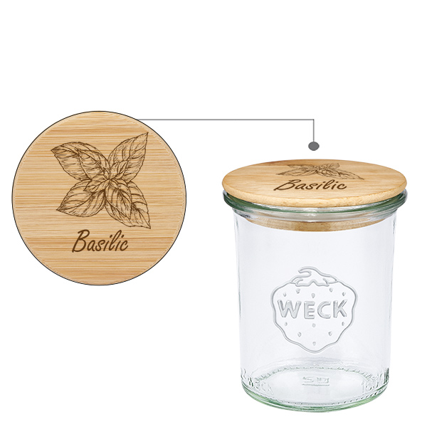Couvercle en bois "Basilic" avec verre WECK 160ml Couvercle en bois "Basilic" avec verre WECK 160ml
