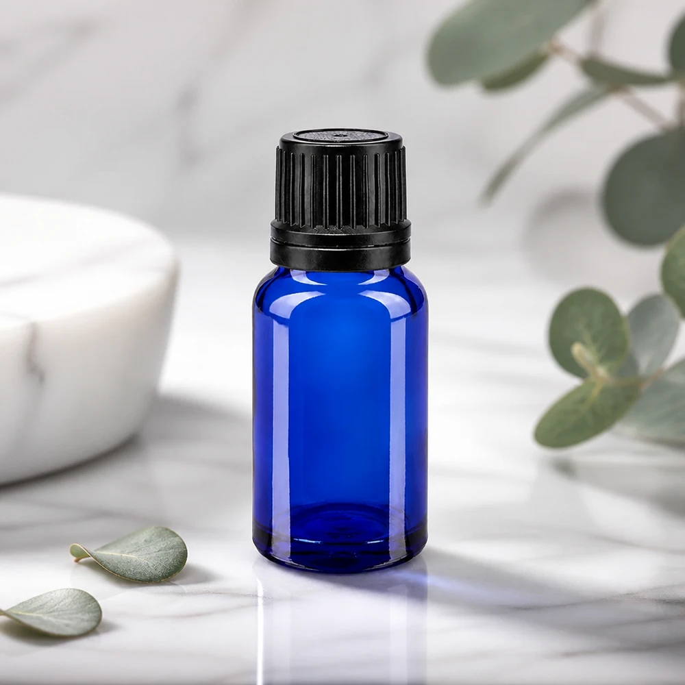 Frasco de farmacia en miniatura de 10 ml en color azul cobalto con tapón de rosca negro a prueba de niños