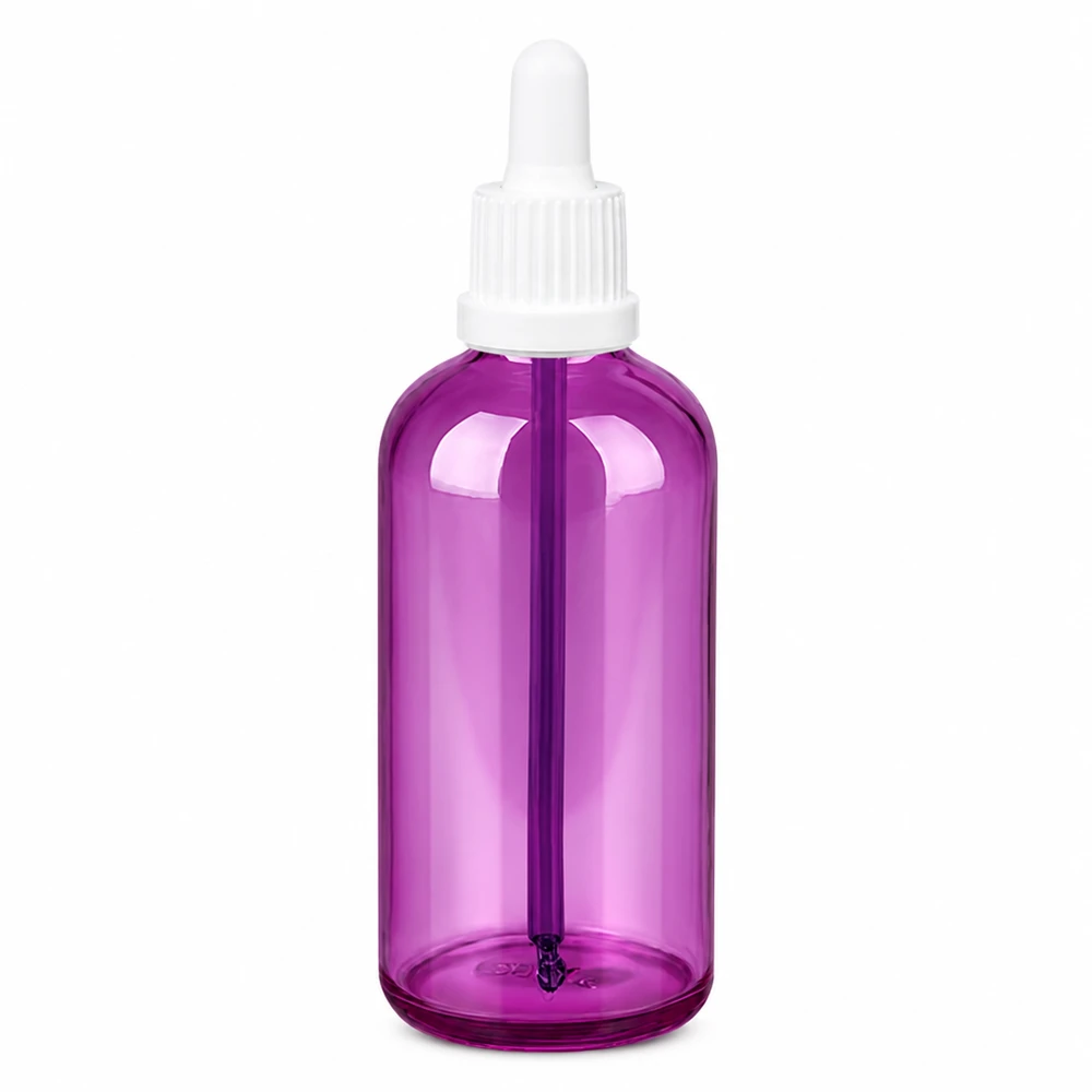 Frasco pipeta de 100 ml púrpura transparente con tapón cuentagotas blanco para una dosificación precisa