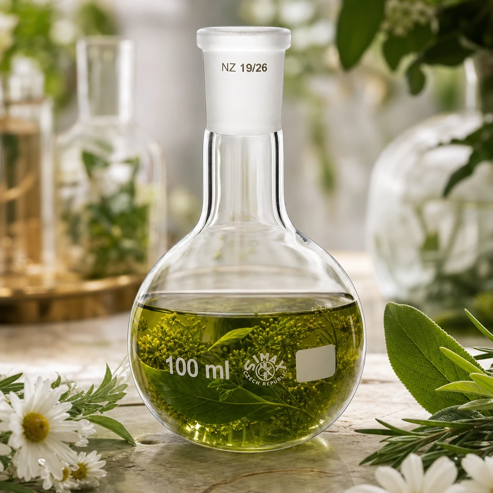 Frasco hipo con solución de hierbas verdes 100ml - vidrio de laboratorio de alta calidad con junta esmerilada estándar 19/26