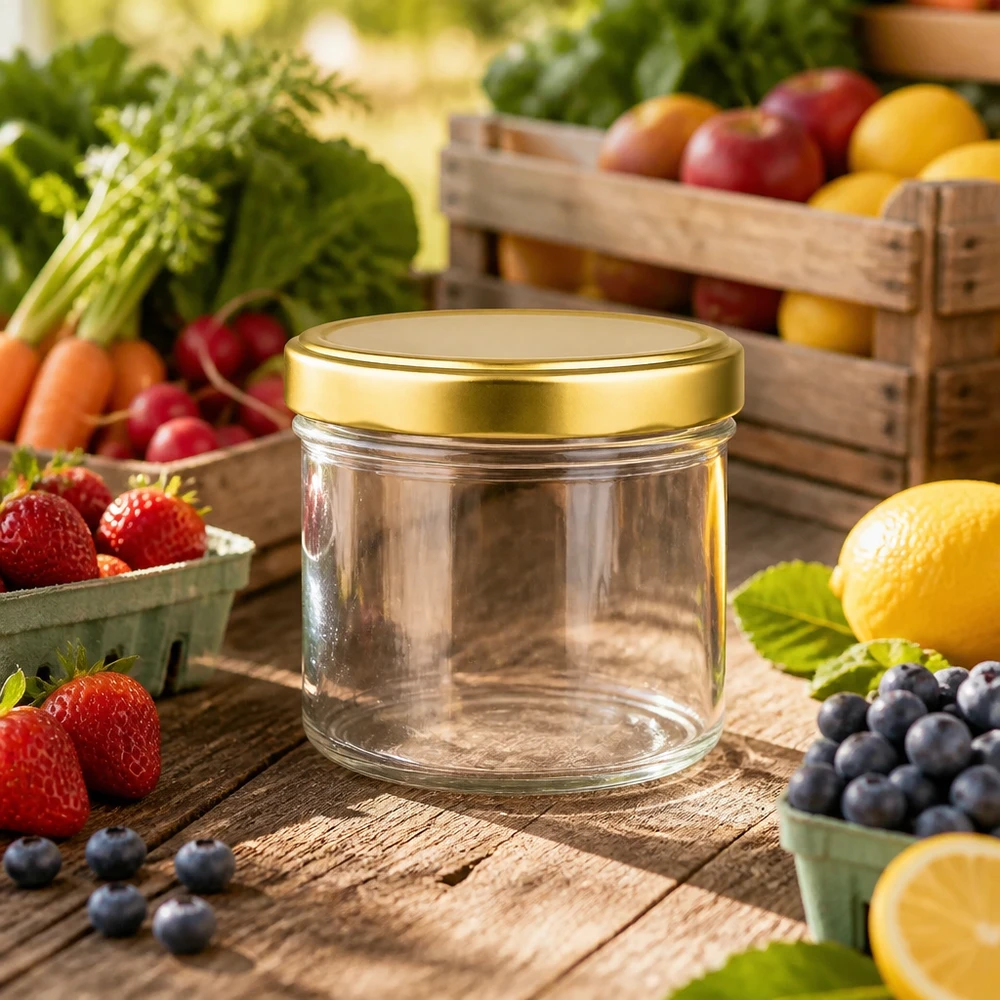 tarro cilíndrico de 230ml vacío con tapa dorada entre frutas y verduras frescas sobre mesa de madera tarro de mermelada