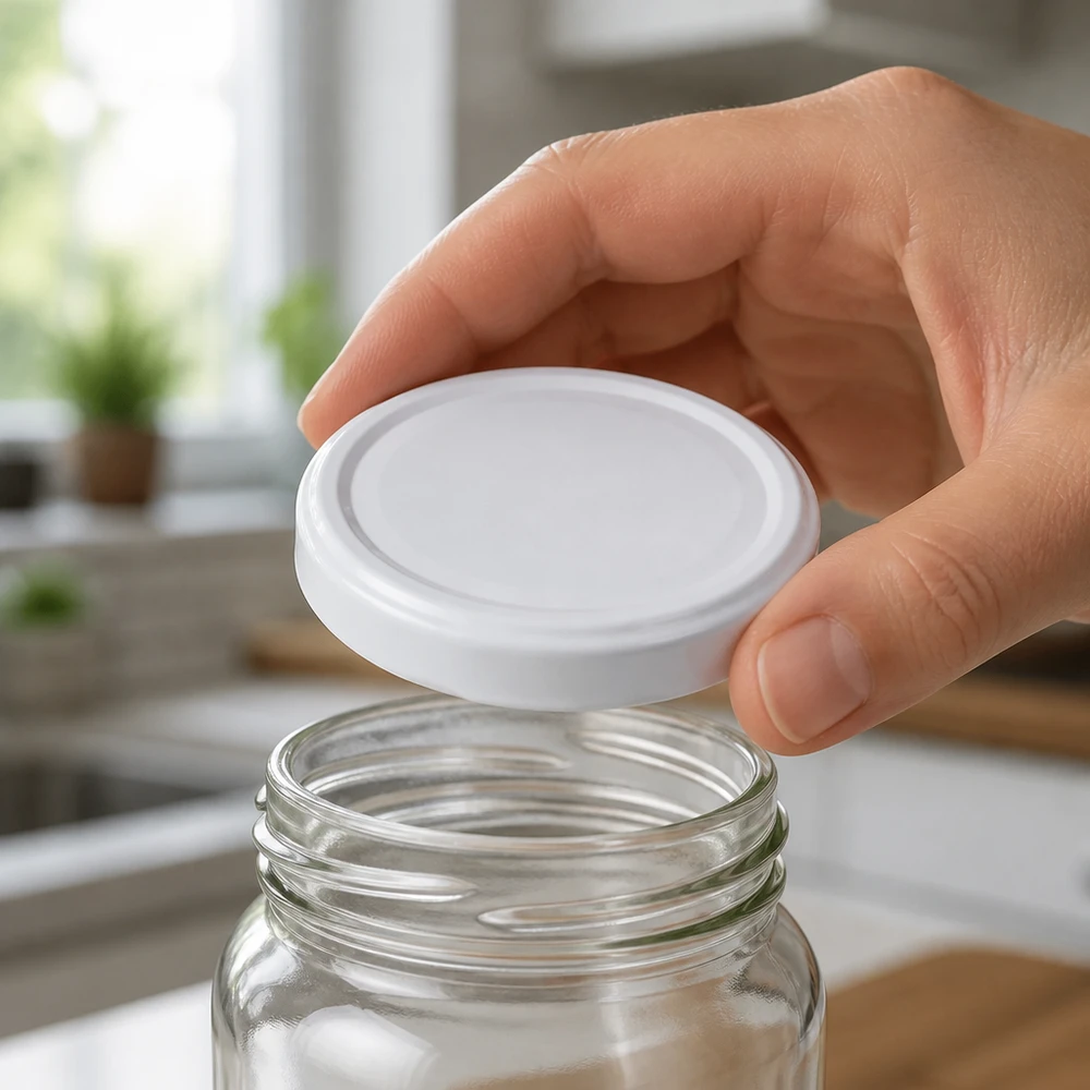 La tapa de rosca Weisser BasicSeal de 58 mm (TO58deep) se coloca sobre un recipiente de cristal transparente.