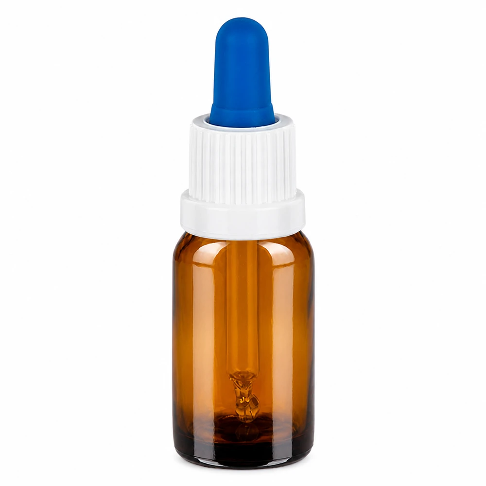 Frasco pipeta 10ml blanco/azul cierre inviolable BrownLine UT18/10 Frasco pipeta de 10 ml marrón con tapón blanco y pipeta azul para una dosificación precisa