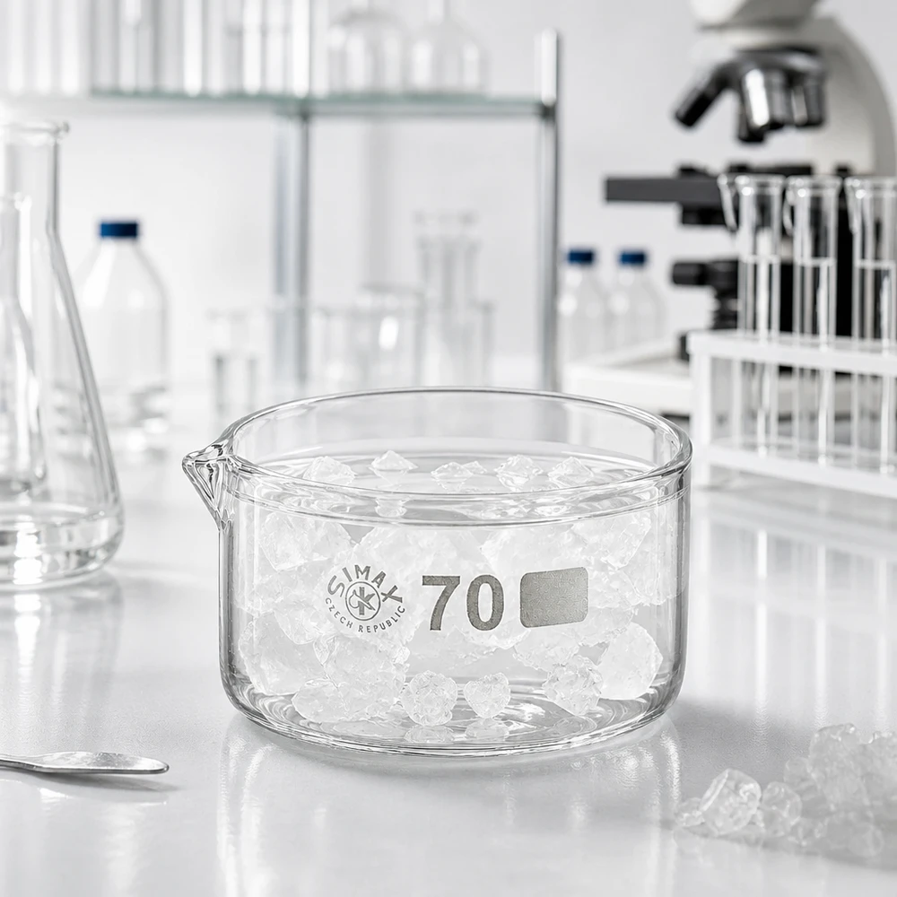 Recipientes de cristal planos de 100 ml llenos de cristales en un laboratorio, sobre una encimera blanca