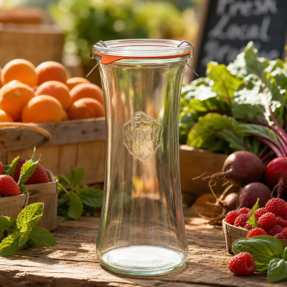 Tarro completo para delicatessen de 700ml WECK RR80 WECK Delikatessenglas 700ml RR80 leer auf Holztisch mit frischen Beeren, Orangen und Gemüse in natürlicher Gartenszene