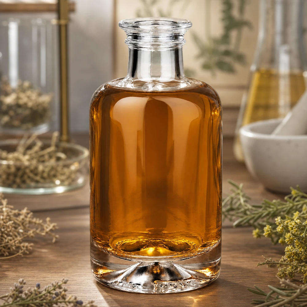 Botella de farmacia de 100 ml «Sofia» sin tapón UNiTWIST® 100ml Glasflasche Sofia mit bernsteinfarbenem Öl in natürlicher Kräuter-Deko-Szene auf Holzuntergrund