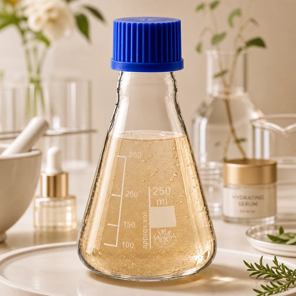 Matraz Erlenmeyer graduado de 250 ml con escala mililítrica y tapón azul para determinar el volumen con precisión