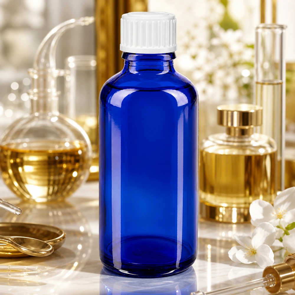 Botella de farmacia azul 50ml tapón de rosca blanco estándar Frasco de cristal azul de 50 ml con tapón de rosca blanco entre instrumentos de laboratorio dorados