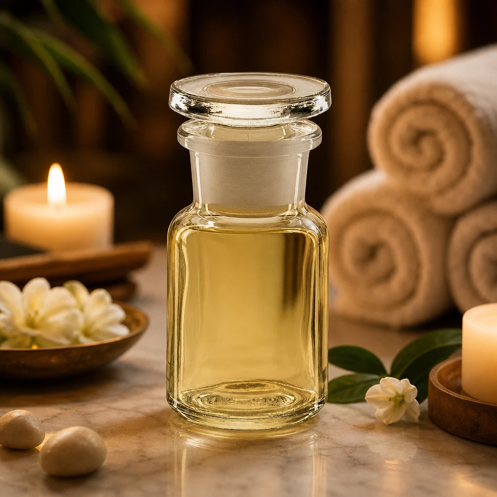 Frasco de cristal transparente de 50 ml con cuello ancho y tapón, en un ambiente relajante de spa con velas