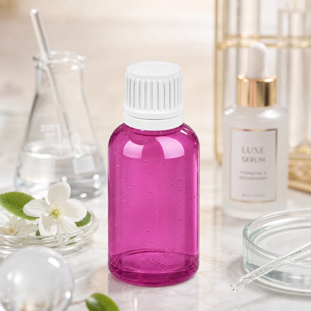 Pequeño frasco cuentagotas de 30 ml de color morado con tapón de rosca blanco para una dosificación precisa