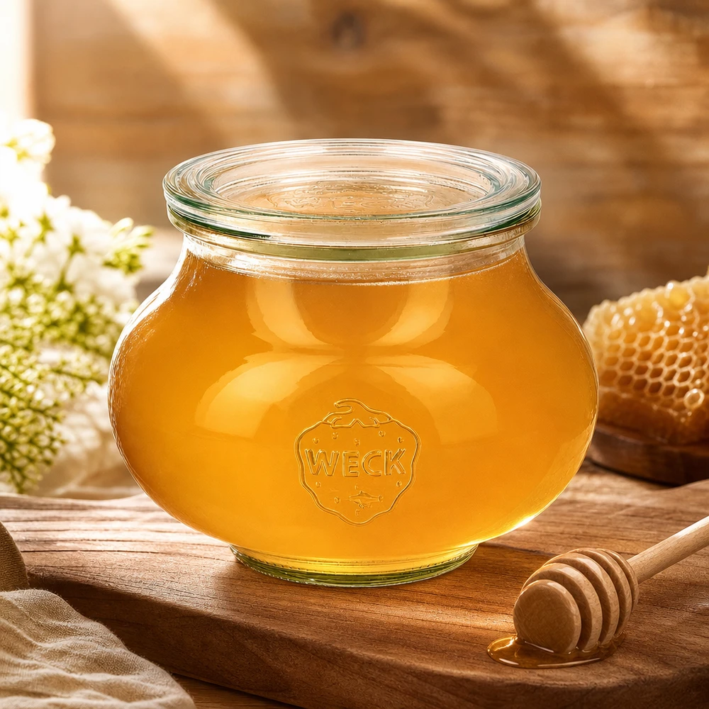 Frasco decorativo de 560 ml con tapa de cristal WECK RR80 Tarro de joyería WECK 560ml RR80 lleno de miel junto a cuchara de miel panal y flores blancas sobre tabla de madera