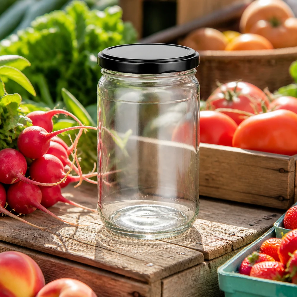 Tarro redondo vacío de 305 ml con tapa negra UNiTWIST entre verduras frescas sobre una mesa rústica de madera.