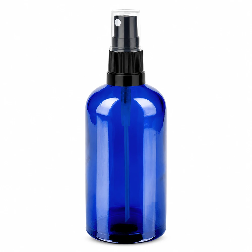 Pulverizador de cristal azul de 100 ml con cabezal negro para cosmética y aromaterapia