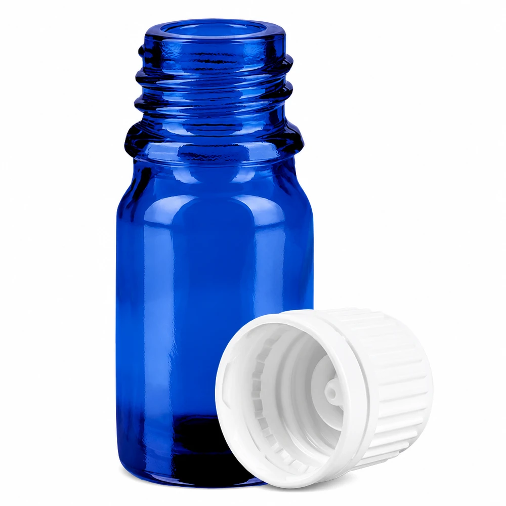 Frasco de 5 ml con tapón de rosca de 11 mm blanco BlueLine UT18/5 Pequeño frasco de vidrio azul de 5 ml con rosca de 11 mm y tapón blanco para aromaterapia